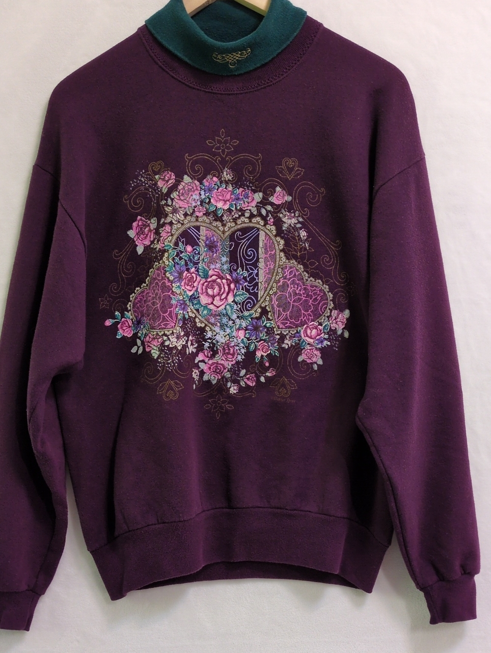 Vintage 90s Gopher Sport Floral Heart Mock Neck Sweatshirt Purple Medium M